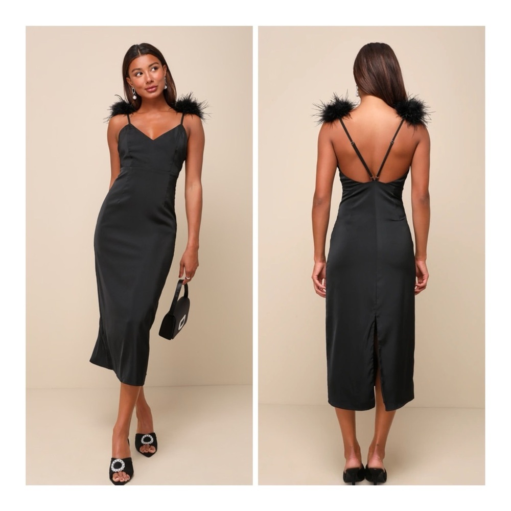 NEW‎ Lulus Extra Small Exquisite Invite Black Satin Feather Backless Midi Dress